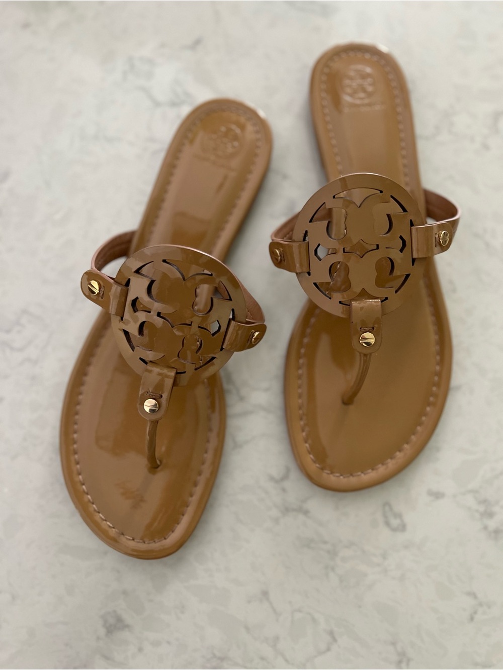 Tory Burch Cognac Patent Logo Thong Sandals